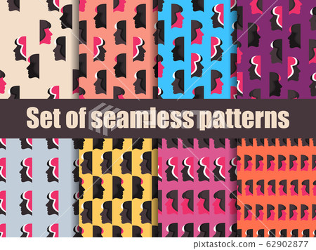 Set of seamless patterns with female faces. Zine Set of seamless patterns with female faces. Zine 62902877