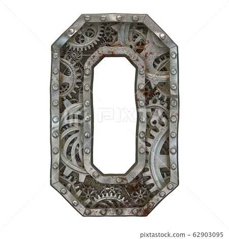 Mechanical alphabet made from rivet metal with gears on white background. Number 0. 3D Mechanical alphabet made from rivet metal with gears on white background. Number 0. 3D 62903095