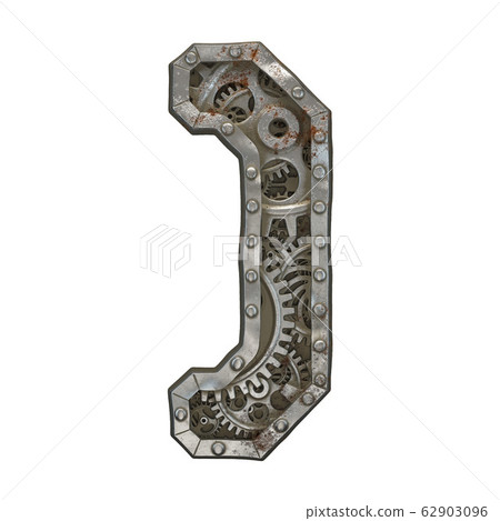 Mechanical alphabet made from rivet metal with gears on white background. Symbol right parentheses. 3D 62903096