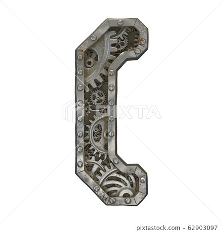 Mechanical alphabet made from rivet metal with gears on white background. Symbol left parentheses. 3D Mechanical alphabet made from rivet metal with gears on white background. Symbol left parentheses. 3D 62903097