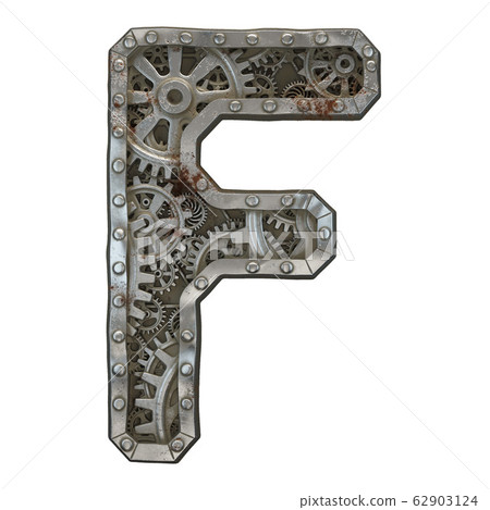 Mechanical alphabet made from rivet metal with gears on white background. Letter F. 3D 62903124