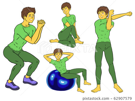 4 sets of squat, balance ball, fitness instructor men stretching 4 sets of squat, balance ball, fitness instructor men stretching 62907579