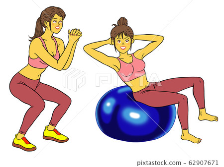Two sets of fitness instructor women playing squats and balance balls 62907671