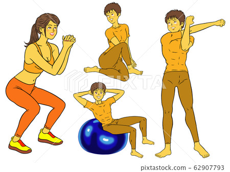 4套男女健身教練進行下蹲,平衡球和伸展運動 4套男女健身教練進行下蹲,平衡球和伸展運動 62907793