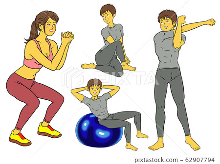 4套男女健身教練進行下蹲,平衡球和伸展運動 4套男女健身教練進行下蹲,平衡球和伸展運動 62907794