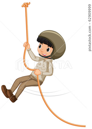 Boy in scout uniform climbing rope on white 62909999