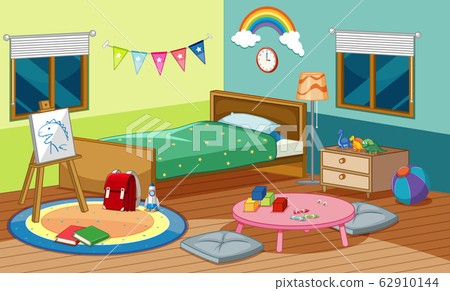 Bedroom scene with bed and many toys in the room 62910144
