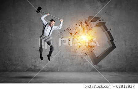 Stone home silhouette as symbol for real estate insurance crashed by man Stone home silhouette as symbol for real estate insurance crashed by man 62912927