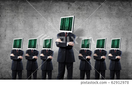 Businessmen with monitors instead of head. Businessmen with monitors instead of head. 62912978