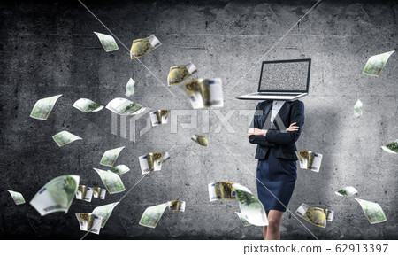 Business woman with laptop instead of head. 62913397
