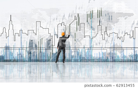 Sunrise above skyscrapers and engineer in helmet drawing globalization concept Sunrise above skyscrapers and engineer in helmet drawing globalization concept 62913455