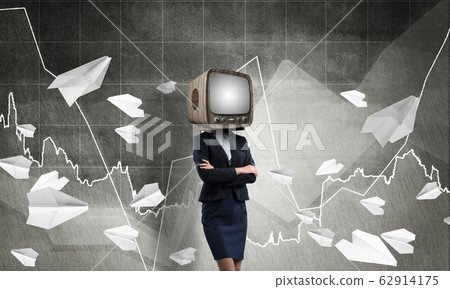 Business woman with old TV instead of head. Business woman with old TV instead of head. 62914175