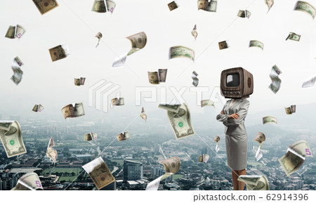 Business woman with old TV instead of head. Business woman with old TV instead of head. 62914396