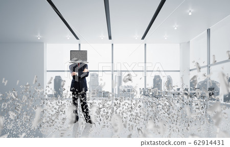 Businessman with laptop instead of head. 62914431