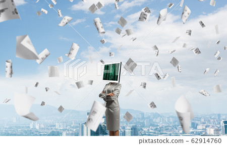 Business woman with monitor instead of head. Business woman with monitor instead of head. 62914760