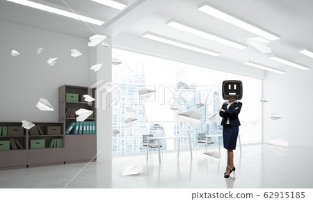 Business woman with an old TV instead of head. Business woman with an old TV instead of head. 62915185