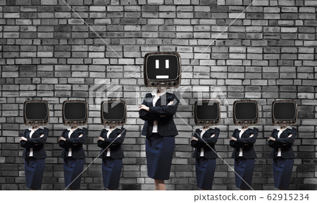 Business women with old TV instead of head. Business women with old TV instead of head. 62915234