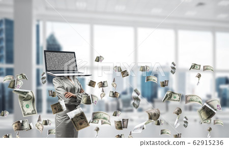 Business woman with laptop instead of head. Business woman with laptop instead of head. 62915236