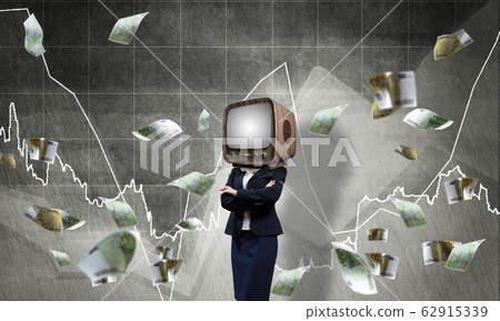 Business woman with old TV instead of head. 62915339