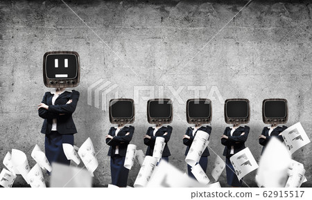 Business women with old TV instead of head. Business women with old TV instead of head. 62915517