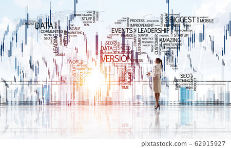 Sunrise above skyscrapers and businesswoman facing new day Sunrise above skyscrapers and businesswoman facing new day 62915927