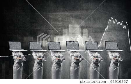 Business women with laptops instead of head. Business women with laptops instead of head. 62916267
