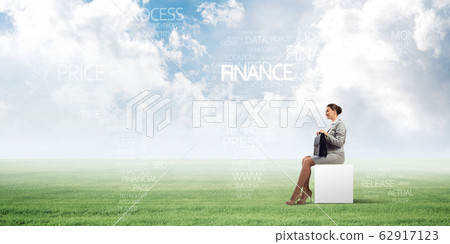 Attractive business lady or accountant outdoors on white box Attractive business lady or accountant outdoors on white box 62917123