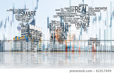 Concept of global communication and networking with world map over cityscape 62917849