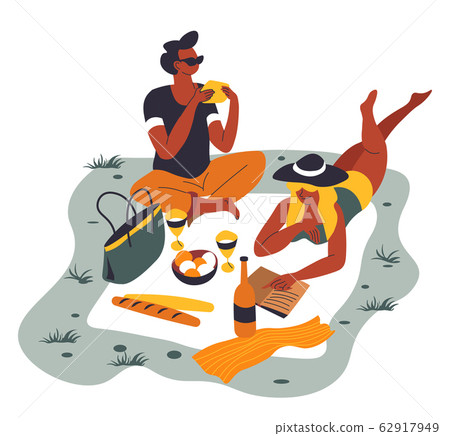 Picnic of couple on carpet, bottle of alcohol drink and bread meal vector Picnic of couple on carpet, bottle of alcohol drink and bread meal vector 62917949