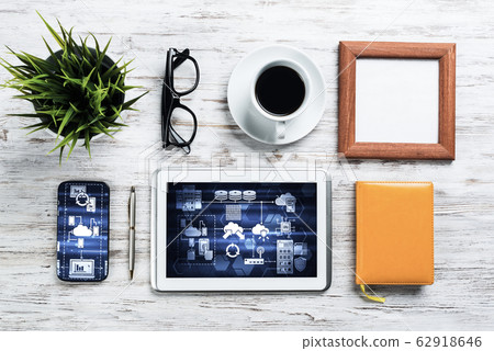 Business still life concept with office stuff on wooden table 62918646