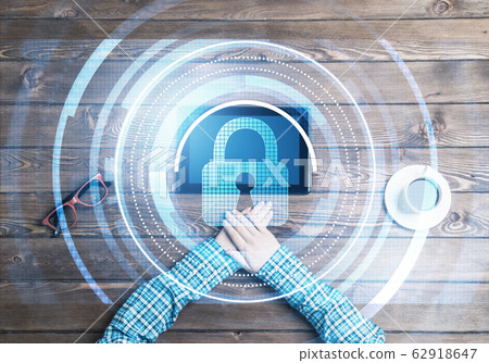 Concept of computer access with media lock icon on tablet screen Concept of computer access with media lock icon on tablet screen 62918647