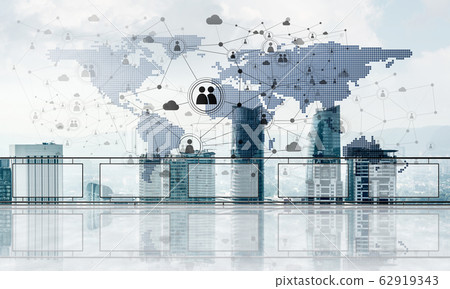 Concept of global communication and networking with world map over cityscape Concept of global communication and networking with world map over cityscape 62919343