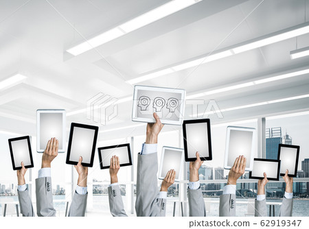 Close of businessman hands in line showing tablet pc with blank Close of businessman hands in line showing tablet pc with blank 62919347