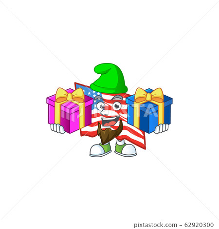 A charming USA flag cartoon mascot style with two boxes of gifts 62920300