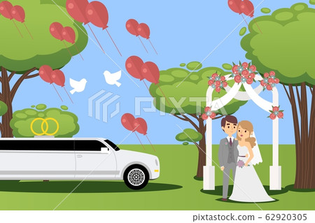 Wedding ceremony in summer park, happy couple bride and groom, luxury limousine, vector illustration 62920305