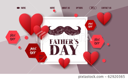 Fathers day sale banner or landing page template vector illustration, fatherhood concept with lettering, discount sign, mustache. Fathers day sale banner or landing page template vector illustration, fatherhood concept with lettering, discount sign, mustache. 62920365