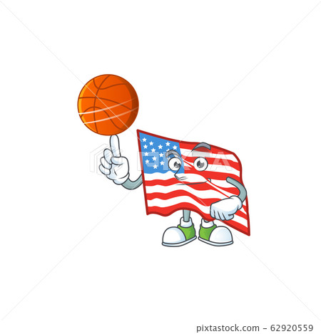 a strong USA flag cartoon character with a basketball 62920559