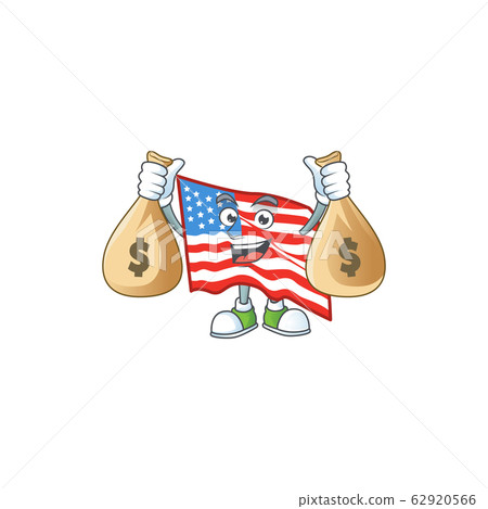 A cute image of USA flag cartoon character holding money bags A cute image of USA flag cartoon character holding money bags 62920566