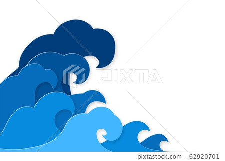 Paper splash. Curly splashes of blue water sea waves paper cut design, ocean storm tsunami in japanese origami style vector concept Paper splash. Curly splashes of blue water sea waves paper cut design, ocean storm tsunami in japanese origami style vector concept 62920701