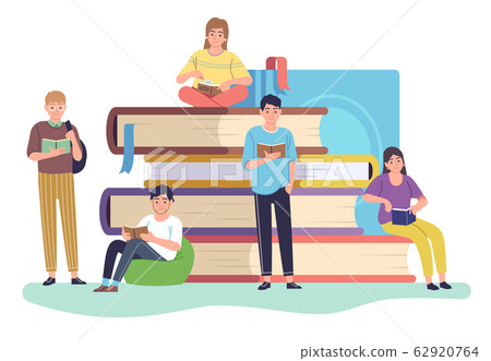 Readers. Small people reading giant books sitting and standing on book stack, literature fans and students, educated readers vector concept 62920764