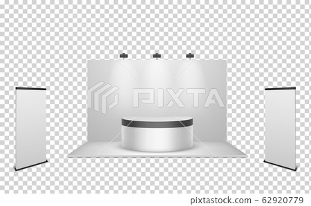 Exhibition stand. Creative white blank booth with wall lights, ad display template for commercial event, business show or fair, vector mockup 62920779