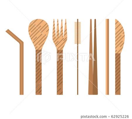 Bamboo or Wooden Reusable Utensils Icons Set 62925226