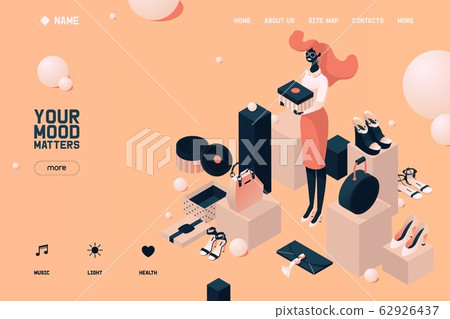 Isometric landing page with woman and shoes and 62926437