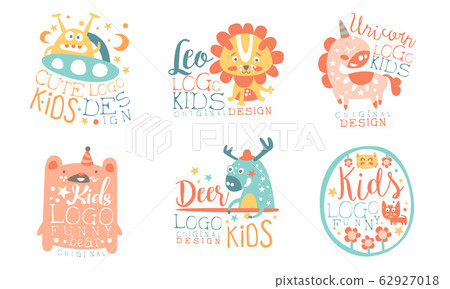 Collection of Kids Logo Original Design Templates with Cute Animals, Childish Colorful Hand Drawn Badges Vector Illustration on White Background. 62927018