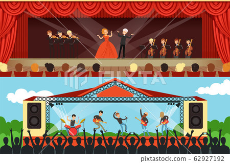 Opera Singers and Rock Band Performing on Stage in Front of Audience Vector Illustration Opera Singers and Rock Band Performing on Stage in Front of Audience Vector Illustration 62927192