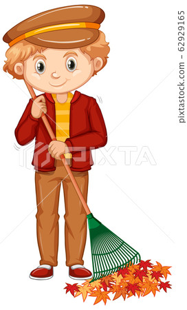Boy raking leaves on white background 62929165