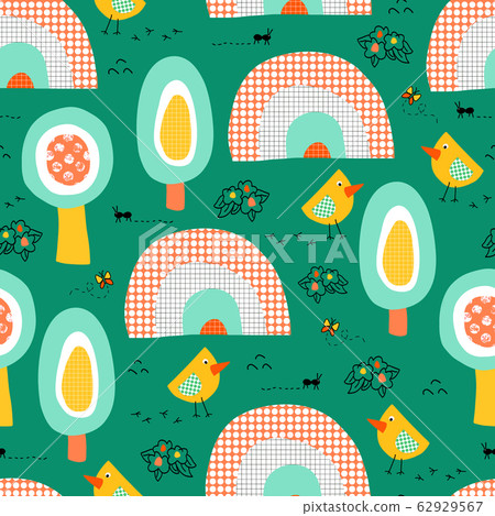 Kids pattern birds, ants, butterflies, trees and rainbow seamless pattern. Collage style cute Kids pattern birds, ants, butterflies, trees and rainbow seamless pattern. Collage style cute 62929567
