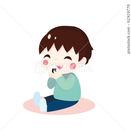 一個男孩坐在和吃湯圓的插圖 一個男孩坐在和吃湯圓的插圖 62929778