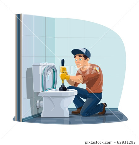 Plumber profession, man cleaning toilet 62931292