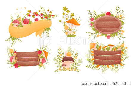Mushroom and Flower Compositions with Blank Ribbon and Wooden Road Sign Vector Set 62931363